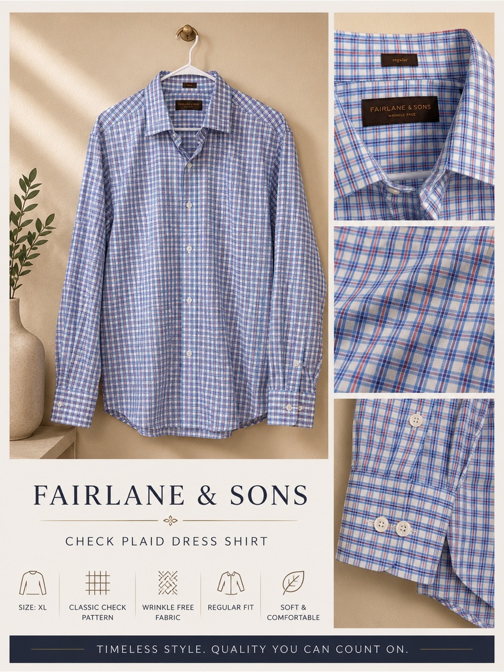 Fairlane & Sons Light Blue Check Plaid Dress Shirt